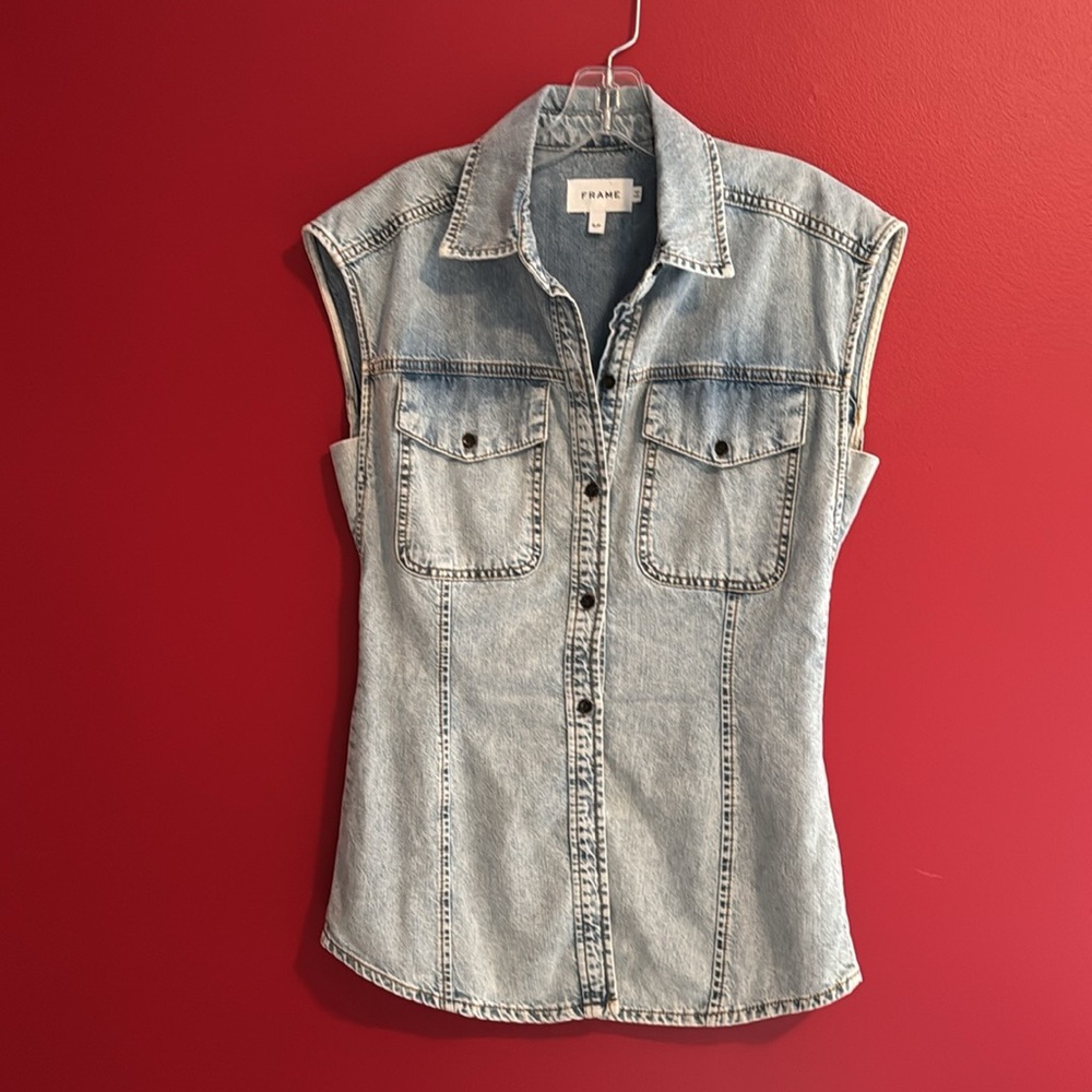 FRAME Button Front Denim Vest- Light Wash - Picture 7 of 7